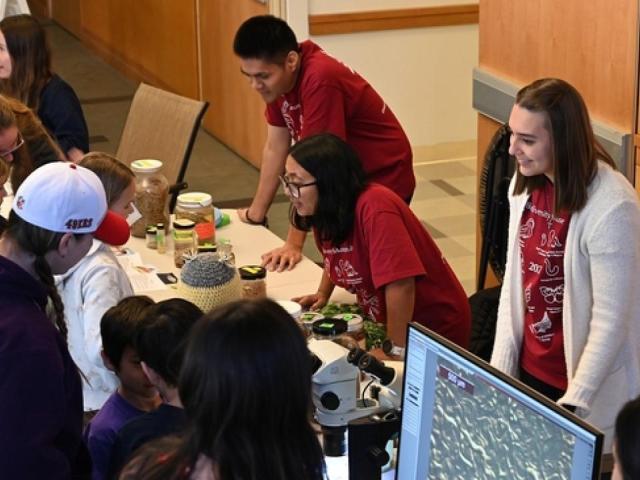 Visitors look over nematode display at the 2024 Biodiversity Museum Day.